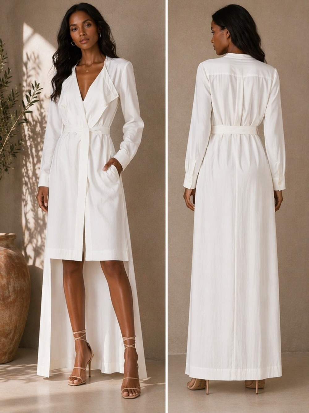 BCBGMAXAZRIA White Draped Twill Hi-Lo Hem Maxi Shirt Dress